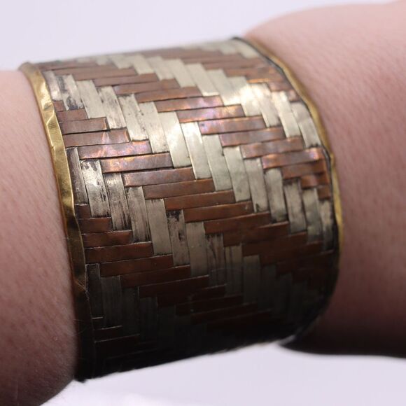 Vintage Copper Braided Woven Cuff Bracelet Bohemian Avant Garde Wide Cuff - Picture 4 of 10